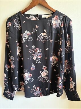 LOFT Petite Floral Long Sleeve Blouse Black Pink Blue SP NWT
